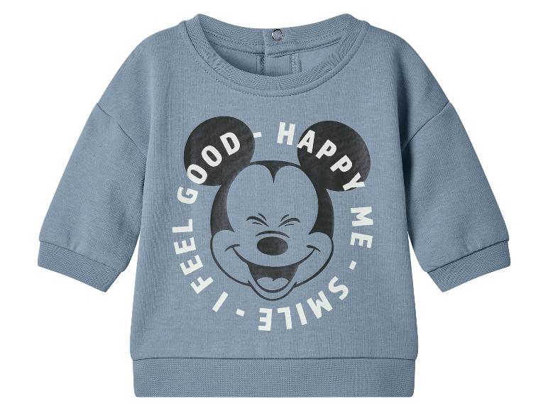 Modrá dětská mikina s motivem Mickey Mouse a textem „I FEEL GOOD - HAPPY ME - SMILE“.