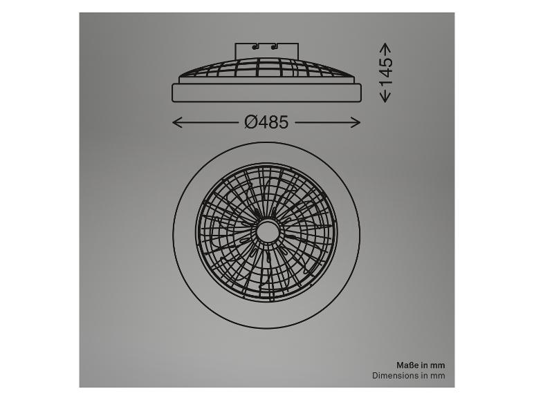 Technický výkres stropního ventilátoru s rozměry: průměr 485 mm, výška 145 mm.