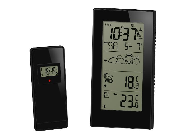 Digitální meteorologická stanice s vnitřním/venkovním displejem a bezdrátovým teploměrem.