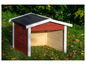 Dřevěná bouda pro psa v červené barvě s černou střechou a bílým rámem.