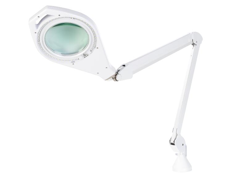 Bílá lupa s LED osvětlením a flexibilním ramenem.
