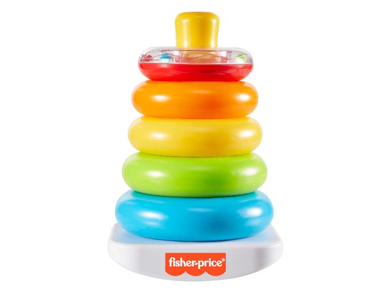 Fisher-Price skládací hračka s barevnými kroužky a chrastícím horním kroužkem.