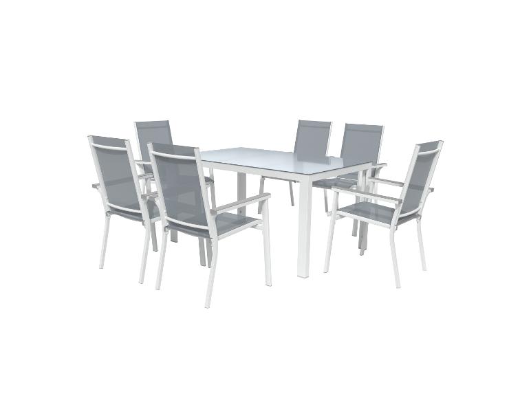 Zahradní nábytek: stůl a židle; bílá konstrukce, šedá sedadla.