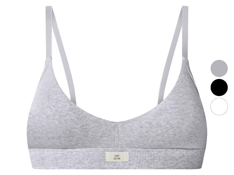 Šedá dámská sportovní podprsenka s nápisem „LOVE COTTON“ a barevnými možnostmi.