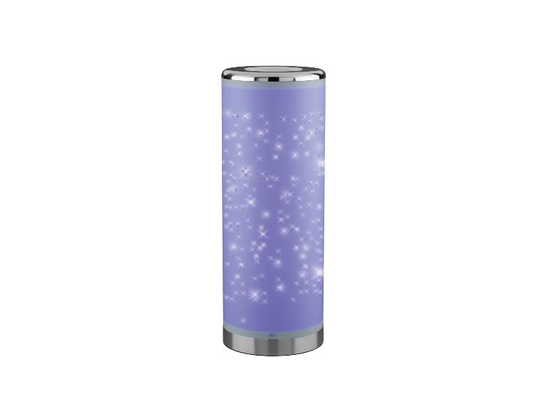 Stolní lampa válcového tvaru s modrým skleněným stínítkem a hvězdným motivem.