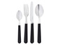 Vidlička, nůž a dvě lžíce s černými rukojetími.