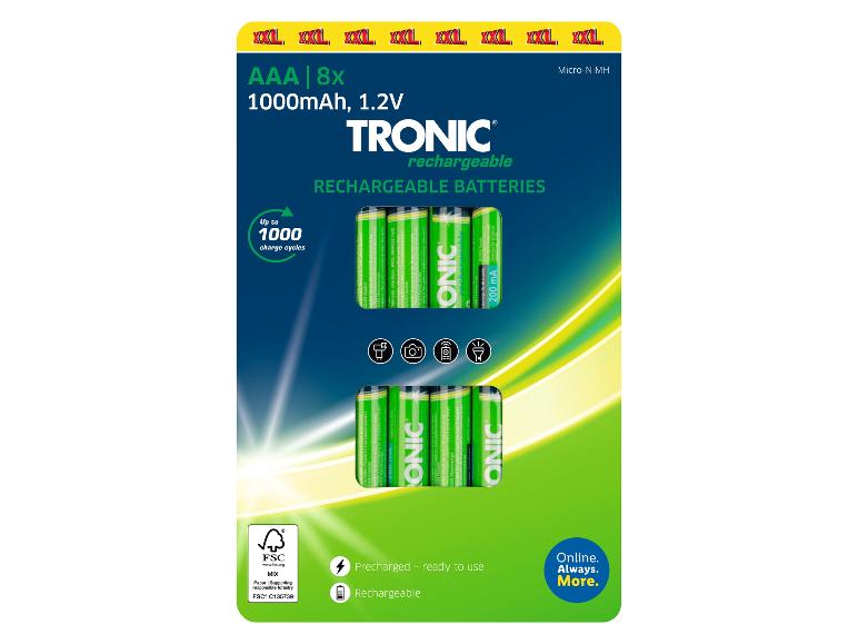 8x nabíjecí baterie AAA TRONIC, 1000mAh, pro kamery a další zařízení.