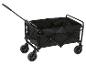 Skládací černý transportní vozík s kolečky a bočními kapsami.