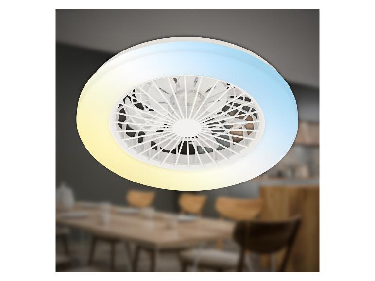 Bílý stropní ventilátor s LED světlem, s rozmazaným pozadím jídelny.