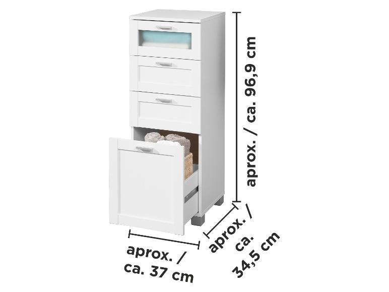 Bílá koupelnová skříňka se zásuvkami a výklopným košem na prádlo, s rozměry.