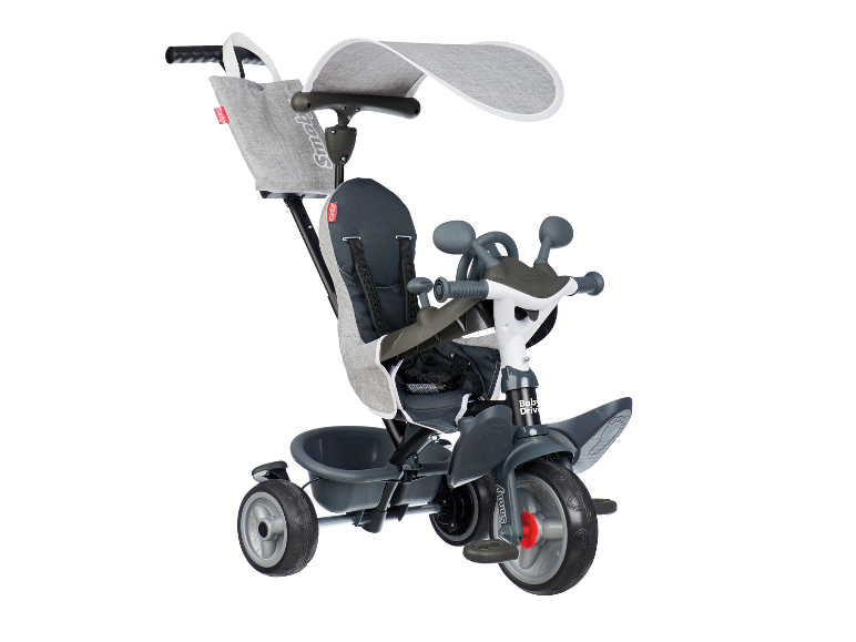 Trojkolka Smoby Baby Drive šedá se stříškou a taškou.