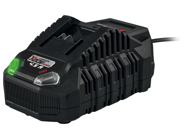 Černá nabíječka baterií Parkside X20V Team s LED indikátorem.