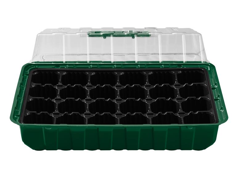Zelený sadbovač s průhledným víkem a 24 buňkami.