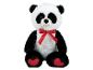 Plyšová panda s červenou mašlí a srdíčky na tlapkách.