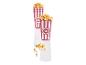 Dva červené kelímky na popcorn s bílými pruhy naplněné popcorn.