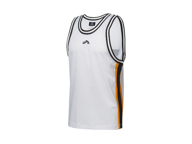 Bílé basketbalové tílko Crivit s černými a oranžovými detaily.
