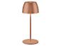 Měděná stolní lampa s podstavcem a svítícím stínítkem.