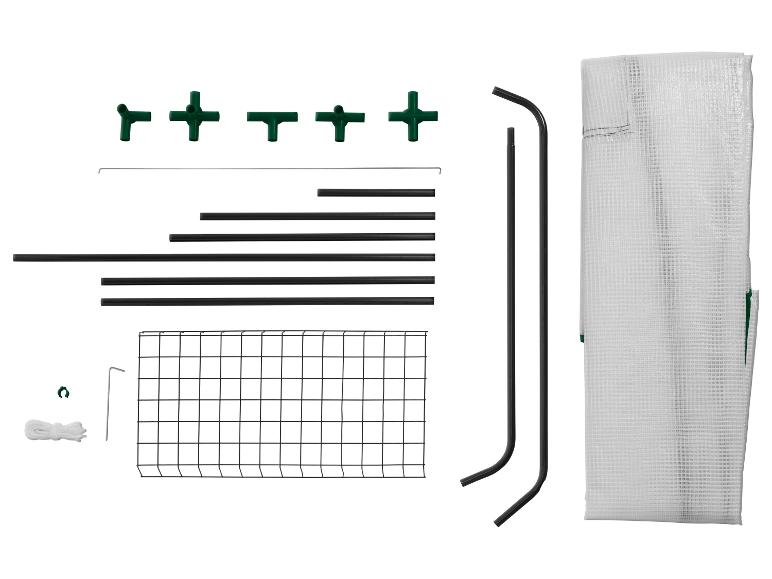 Součásti zahradního skleníku, včetně rámu, spojek, krytu a příslušenství.