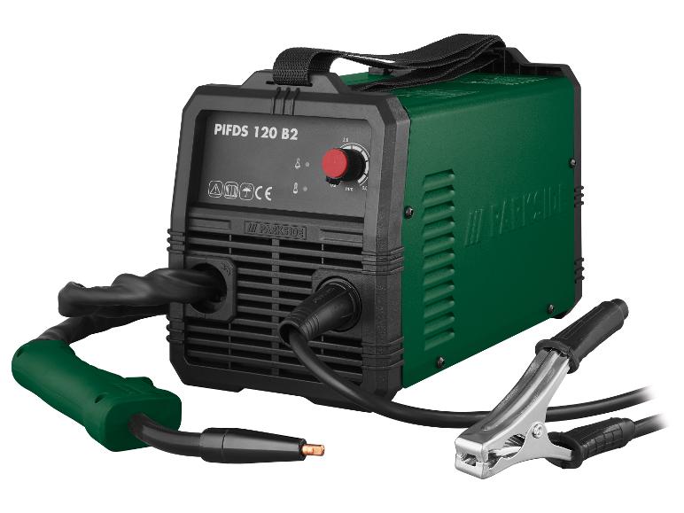 Svářečka Parkside PIFDS 120 B2 v zelené a černé barvě s kabely a svorkou.