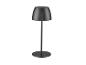 Černá, moderní stolní lampa s kónickým stínítkem a kulatou základnou.