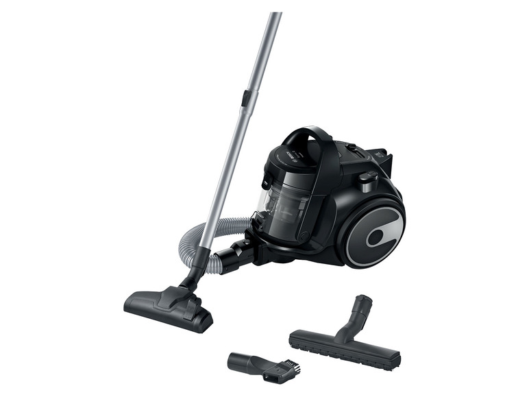 Černý vysavač Bosch s příslušenstvím.