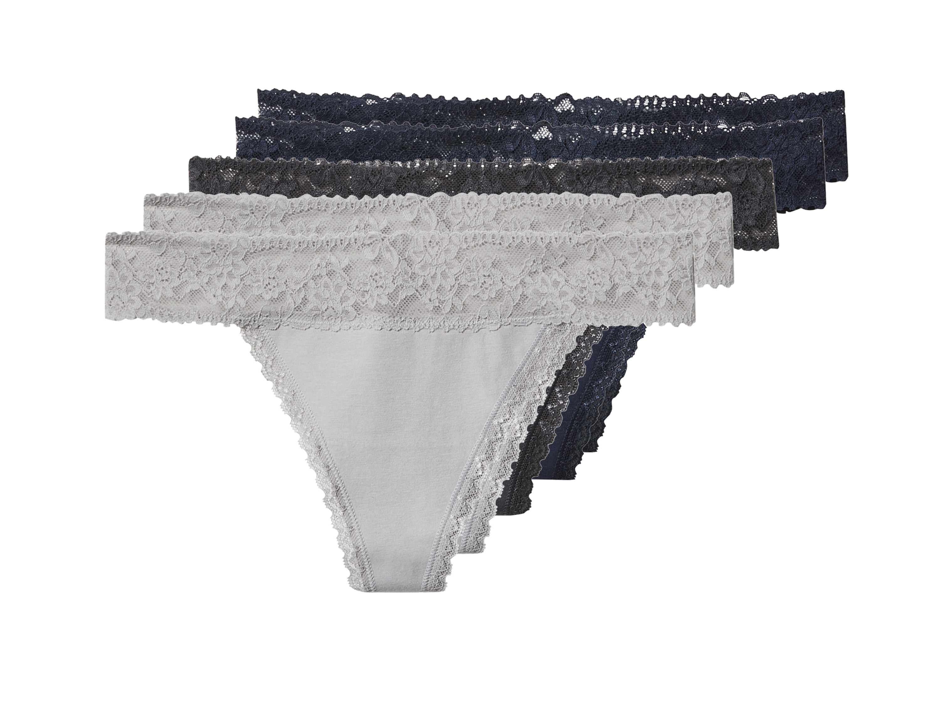 esmara® Dámské kalhotky s krajkou Tanga, 5 kusů (navy modrá / šedá, M (40/42))