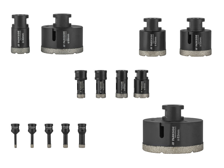 Sada 13 diamantových vrtáků Parkside pro dlaždice, s průměry od 6 do 83 mm.
