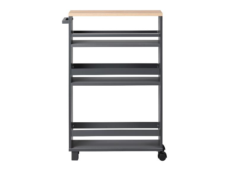 Šedý kuchyňský vozík s dřevěnou deskou a kolečky