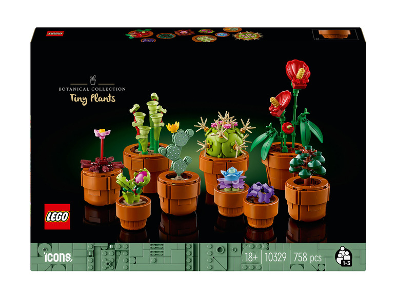 Sada Lego Icons s malými rostlinami, včetně kaktusu a masožravé rostliny.