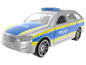 Hračka policejního auta ve stříbrné barvě s modrými a žlutými pruhy.