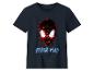 Tmavě modré dětské tričko s hlavou Spidermana z červených a černých flitrů a textem „SPIDER-MAN“ pod ní.