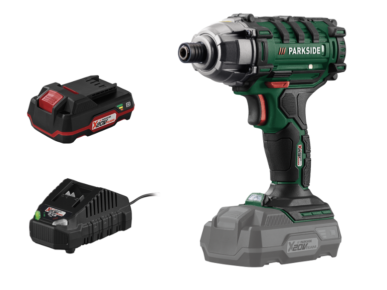 Aku vrtací šroubovák Parkside X20V Team s baterií a nabíječkou.