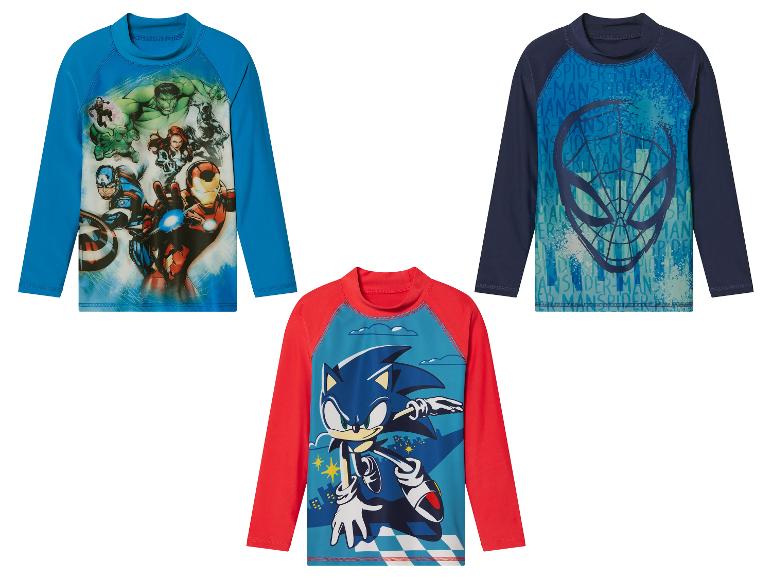 Dětské plavky s dlouhým rukávem: Avengers, Spider-Man a Sonic.