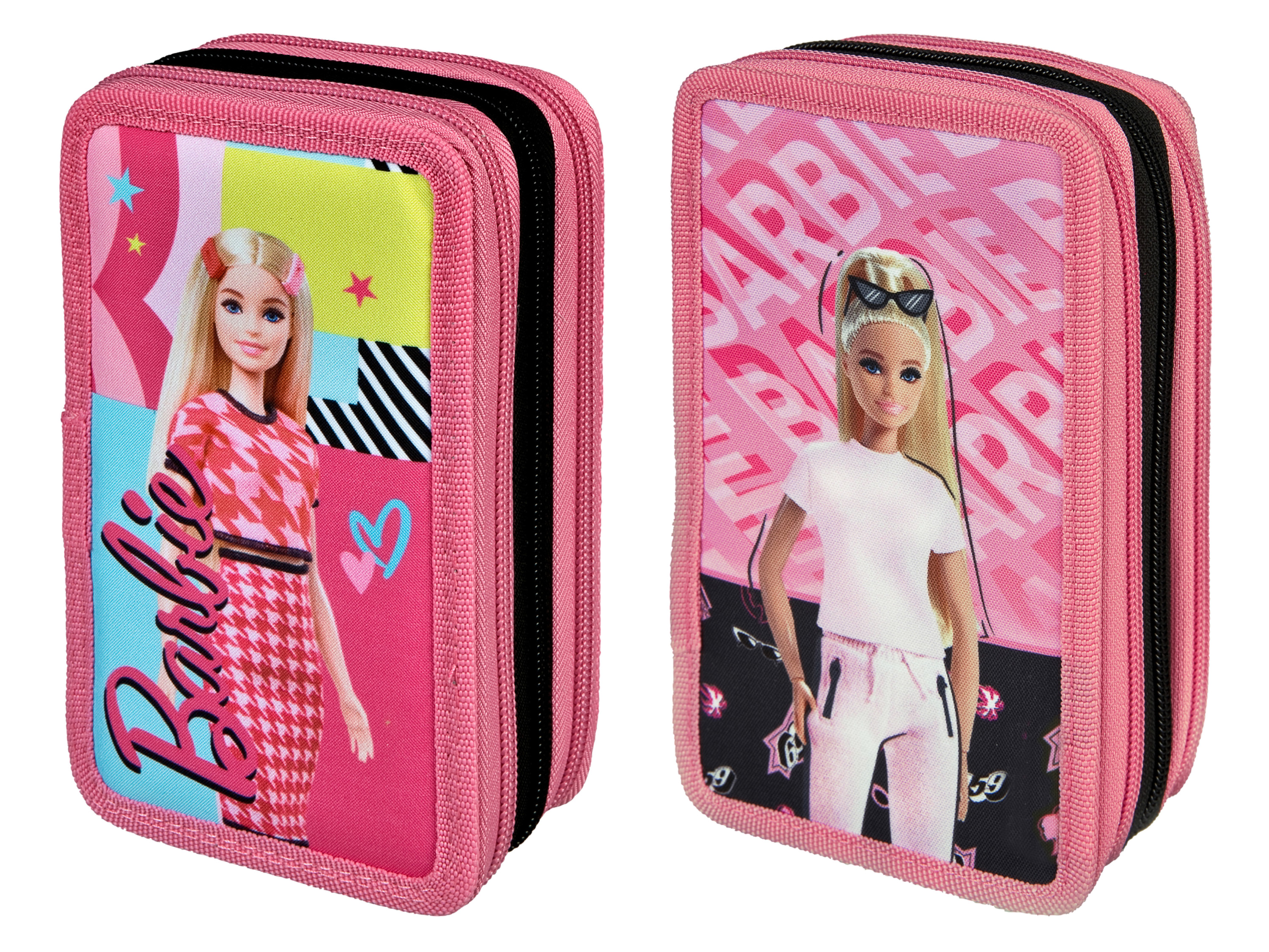 Dva růžové penály Barbie s obrázky Barbie.