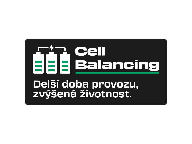 Logo Cell Balancing se třemi ikonami baterií a textem „Delší doba provozu, zvýšená životnost“.