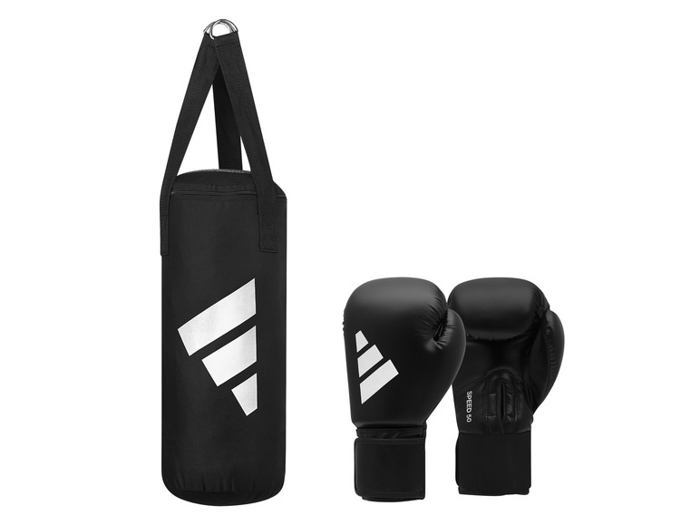 Černý boxovací pytel a rukavice Adidas.