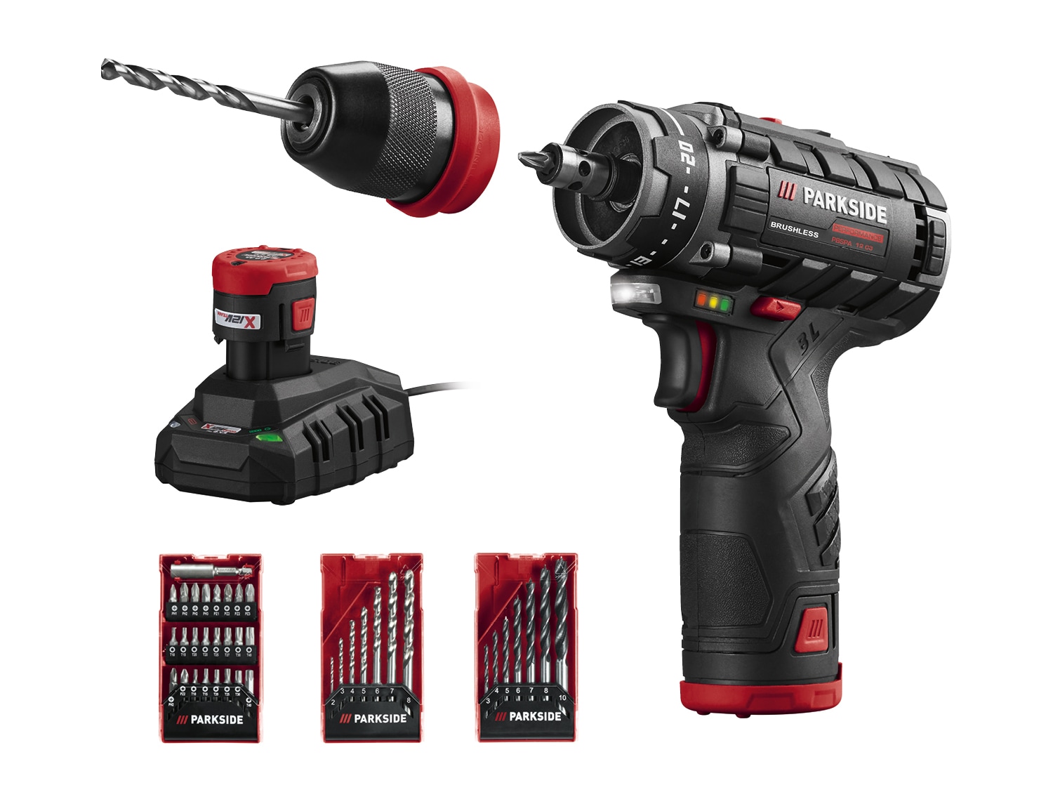 PARKSIDE PERFORMANCE® Aku vrtací šroubovák s příslušenstvím PBSPA 12 C3, 2x 2 Ah