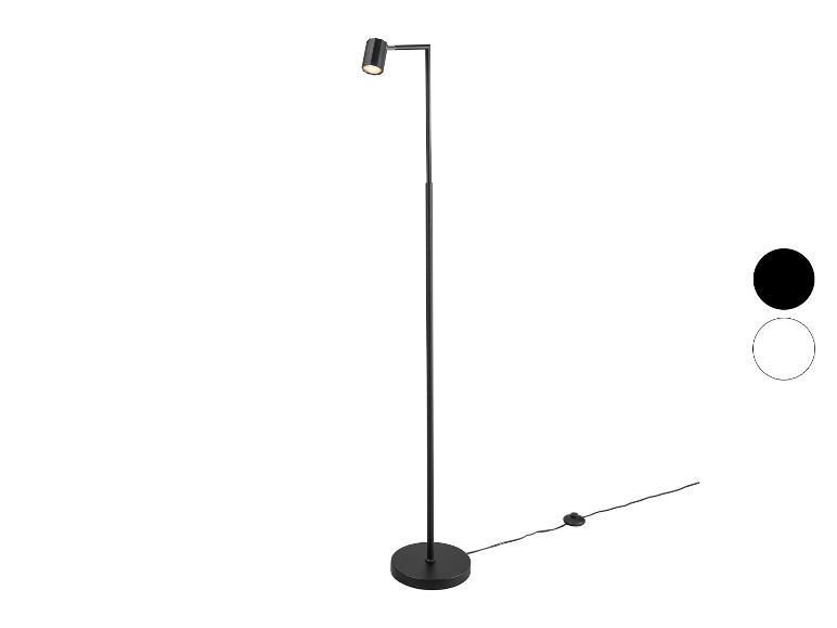 Černá LED stojací lampa s nastavitelnou hlavou a kulatou základnou, s barevnými možnostmi.