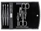 Manikúrní sada s nůžkami Solingen, pilníkem na nehty, pinzetou a kleštičkami v černém pouzdře.