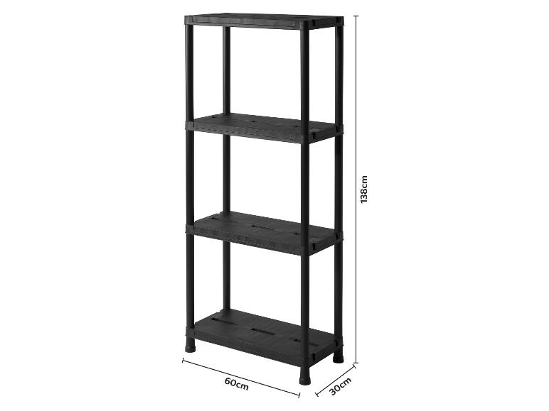 Černý 4patrový plastový regál o rozměrech 138cm (V) x 60cm (Š) x 30cm (H).
