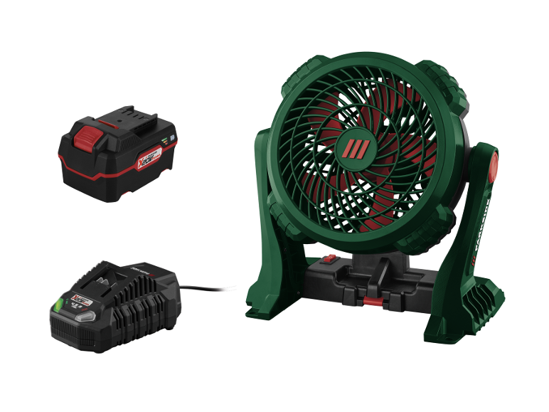 Bezdrátový ventilátor Parkside s baterií a nabíječkou.