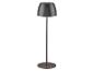 Tmavě šedá, moderní stojací lampa s kónickým stínítkem a kulatou základnou.
