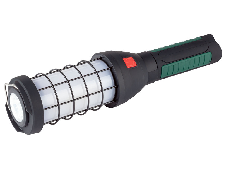 Černá LED pracovní lampa s ochrannou mřížkou.