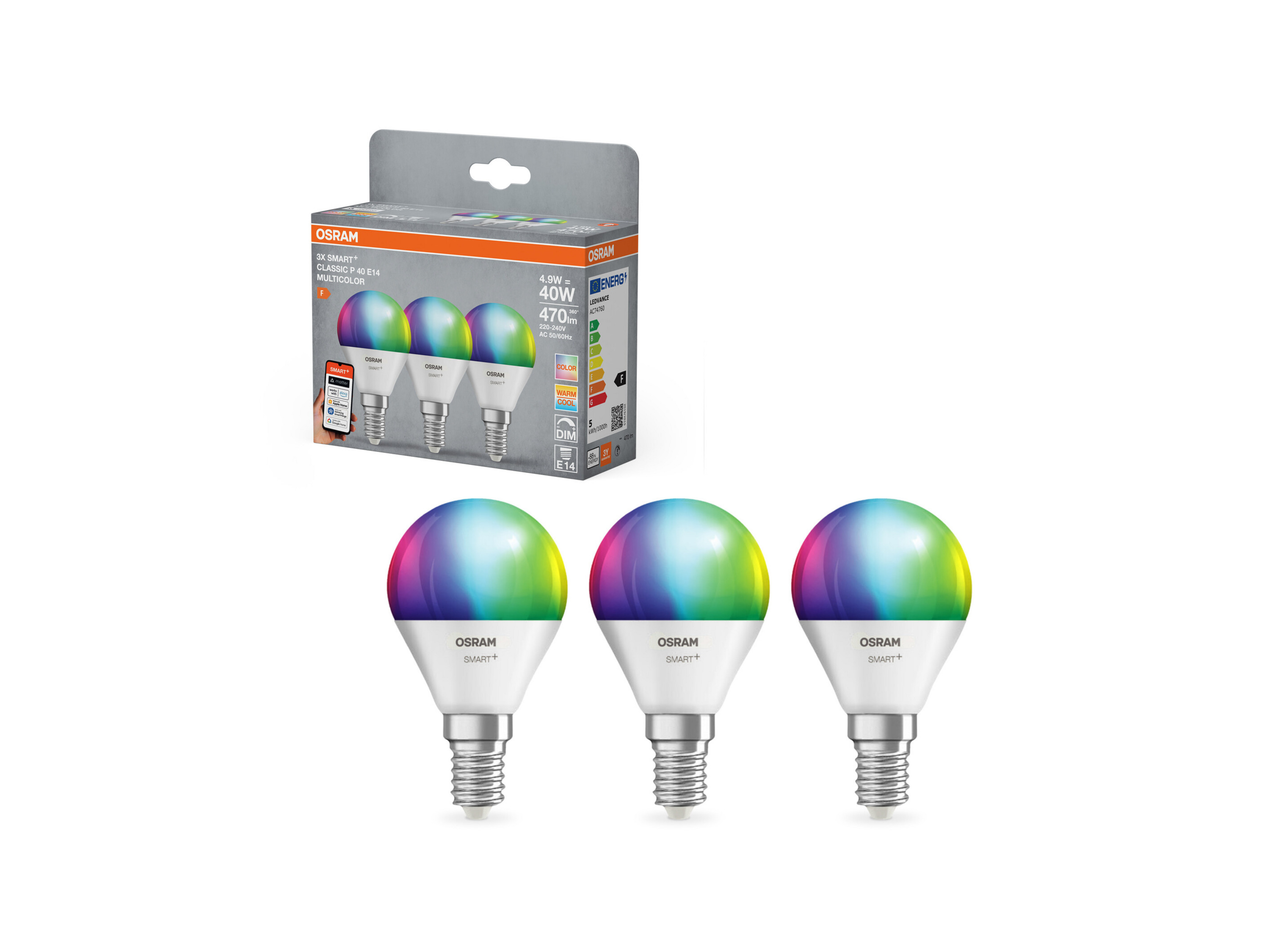 Osram Světelný zdroj »Smart Mat«, 3 kusy (P40, E14, 2700 K, Rgbw, matná)
