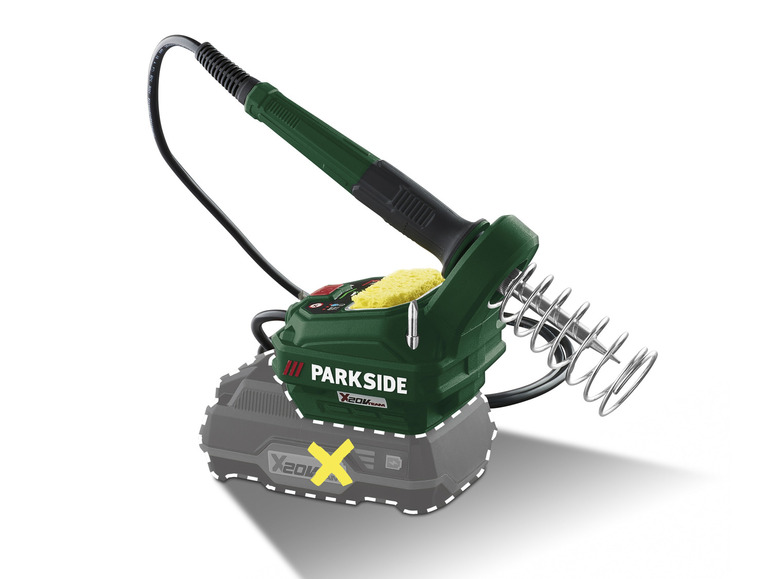 Zelená páječka Parkside X20V Team s cívkou a baterií.