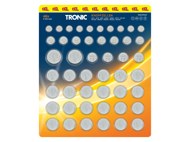 48 knoflíkových baterií TRONIC v blistru.