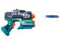 Modro-zelená hračka blaster s pěnovými šipkami, s textem „MODEL SUPER RAPID FIRE“.