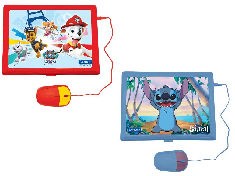 Dětské počítače Lexibook s motivy Tlapková patrola a Stitch, s myškami.