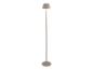 Moderní taupe stojací lampa s kuželovitým stínidlem.