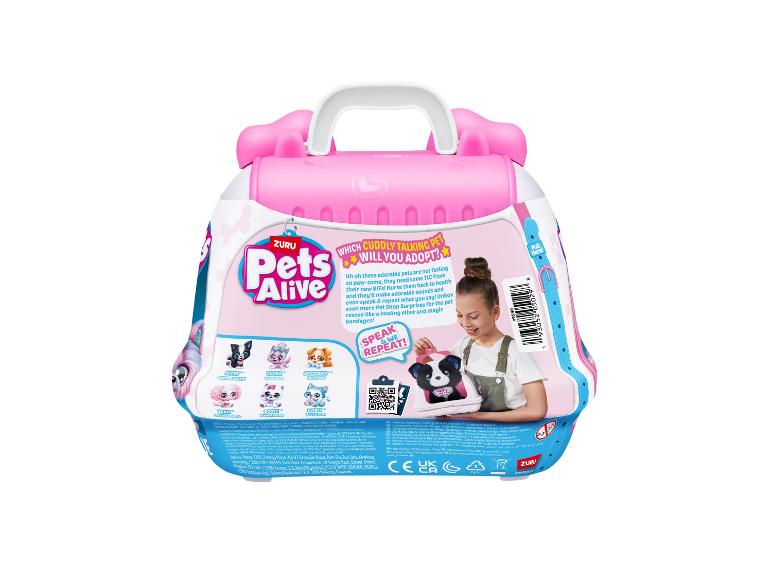 Růžové balení hračky Pets Alive, s dívkou držící štěně a různými plyšovými zvířaty.